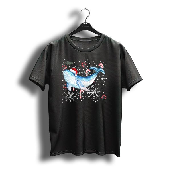 Blue Whale Santa Hat Candy Cane Snowflakes Christmas Watercolor T Shirt t shirt 1