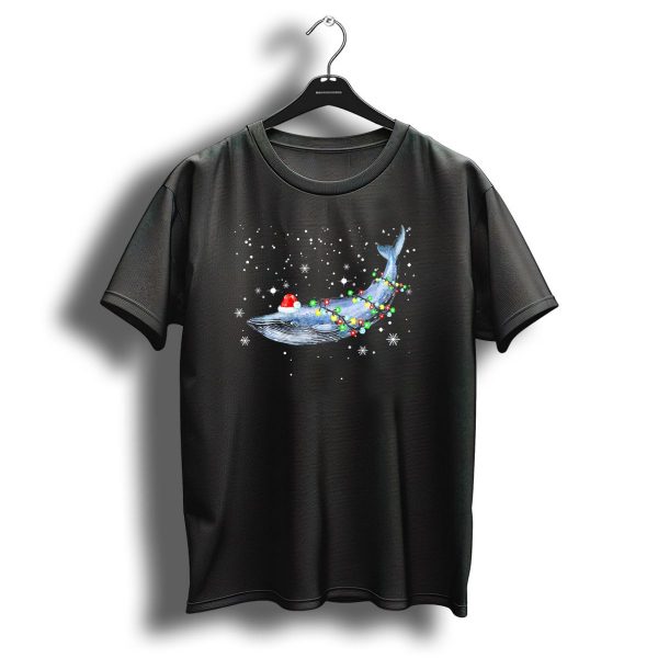 Blue Whale Santa Hat Wrapped With Christmas Lights In Snowy Night T Shirt 1 t shirt 1