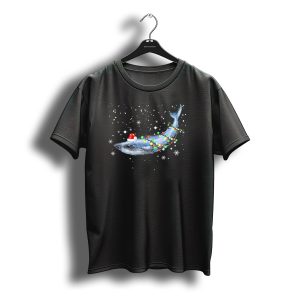 Blue Whale Santa Hat Wrapped With Christmas Lights In Snowy Night T-Shirt