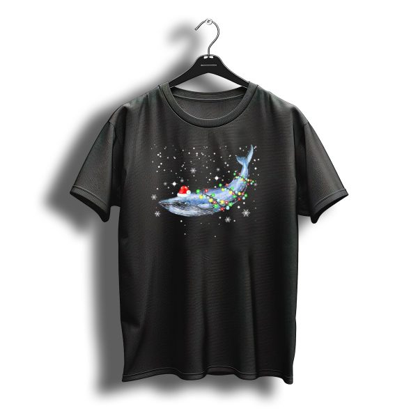 Blue Whale Santa Hat Wrapped With Christmas Lights In Snowy Night T Shirt t shirt 1