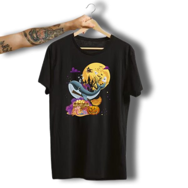 Blue Whale Witch Broom Halloween Moon Pumpkin Ghosts T Shirt t shirt 1