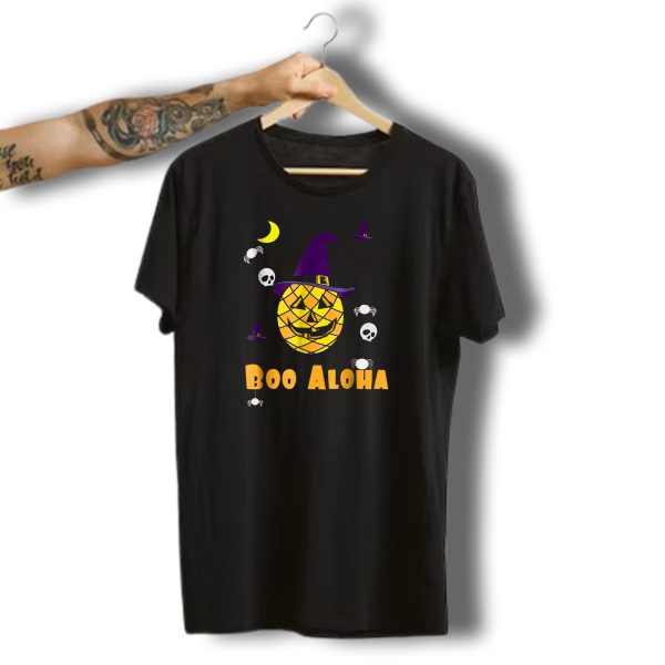 Boo Aloha Pineapple Pumpkin Halloween Funny Skulls Bats Spiders Moon Wizard Hat T Shirt t shirt 1
