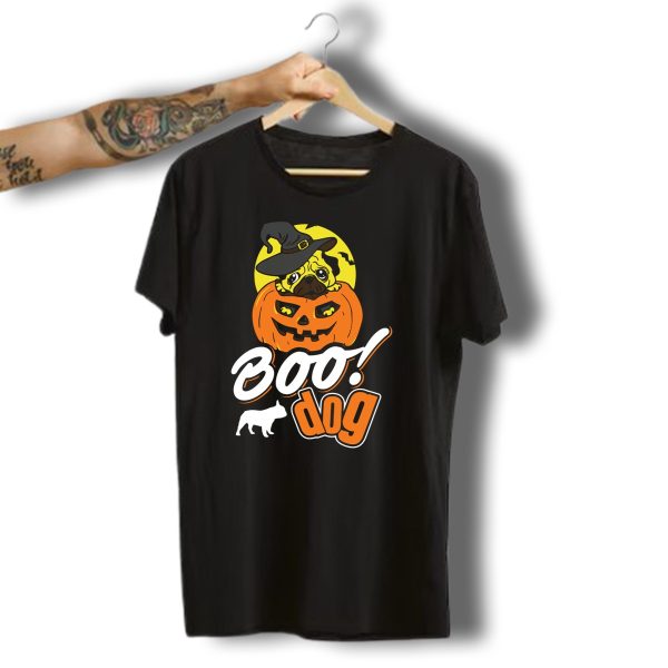 Boo Dog Pug In Witch Hat With Pumpkin Halloween T Shirt t shirt 1