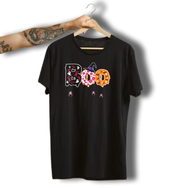 Boo Halloween Breast Cancer Awareness Month Ribbon Ghost Witch Hat Skulls Spiders T Shirt t shirt 1