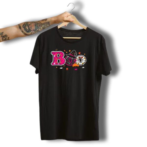 Boo Halloween Breast Cancer Awareness Witch Hat Ribbon Pumpkins Spiders Leaves T Shirt t shirt 1