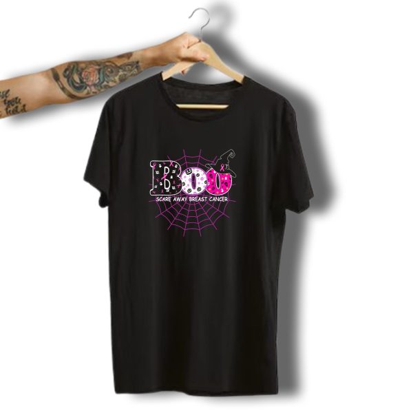 Boo Halloween Witch Hat Pink Ribbon Scare Away Breast Cancer Awareness T Shirt 1 t shirt 1