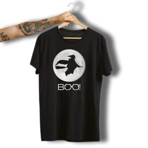 Boo Halloween Witch Silhouette Flying Across Full Moon T-Shirt