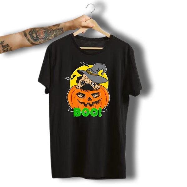 Boo Pug Halloween Cool Pumpkin Hat Moon Bats T Shirt t shirt 1