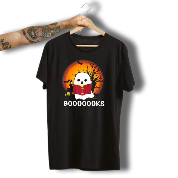 Boo Read Books Halloween Boooooooks Ghost With Red Book And Spooky Bats T Shirt t shirt 1