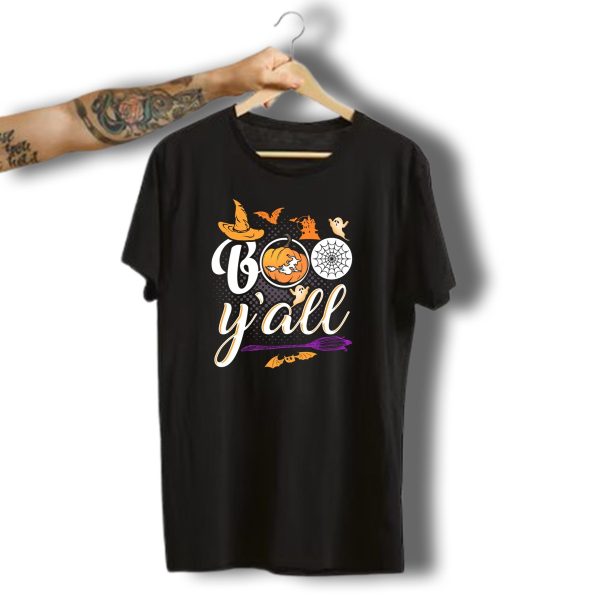 Boo YAll Halloween Witch Hat Pumpkin Ghost Spiderweb Broomstick T Shirt t shirt 1