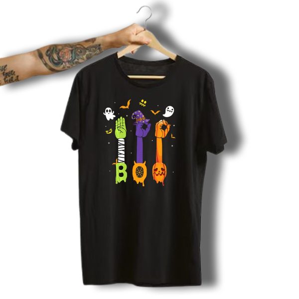 Boo Zombie Hand Sign Witch Hat Pumpkin Ghosts Halloween T Shirt t shirt 1