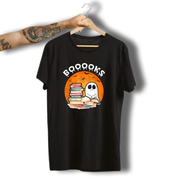 Boooks Ghost Reading Books With Halloween Moon And Bats T Shirt t shirt 1