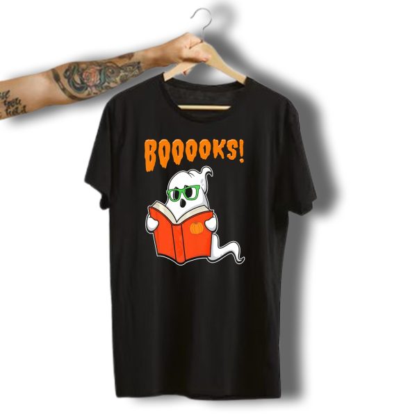 Booooks Ghost With Green Glasses And Pumpkin Book Funny Teacher Halloween T Shirt t shirt 1