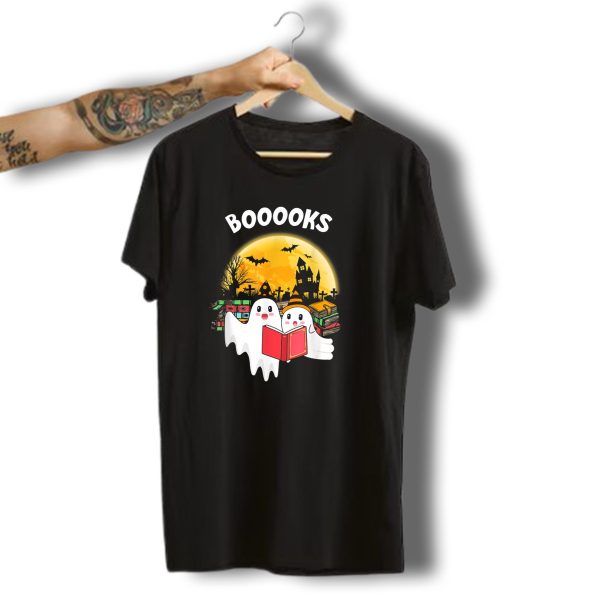 Booooks Ghosts Reading Books Halloween Night Moon Bats Spooky Scene T Shirt t shirt 1
