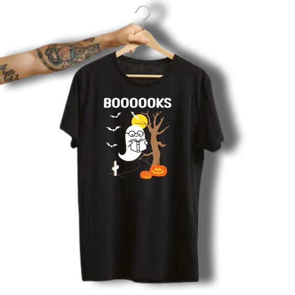 Boooooks Halloween Ghost Reading By Pumpkins With Moon And Bats T Shirt t shirt 1 1