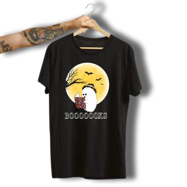 Booooooks Boo Ghost Reading Under The Full Moon Halloween T Shirt t shirt 1