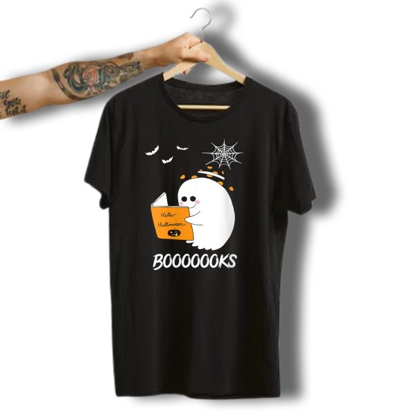 Booooooks Boo Ghost Reads Hello Halloween Book With Spiderweb And Bats T Shirt t shirt 1