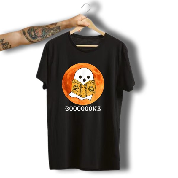 Boooooooks Ghost Reads Books Halloween Costume Boy Moon Background T Shirt t shirt 1