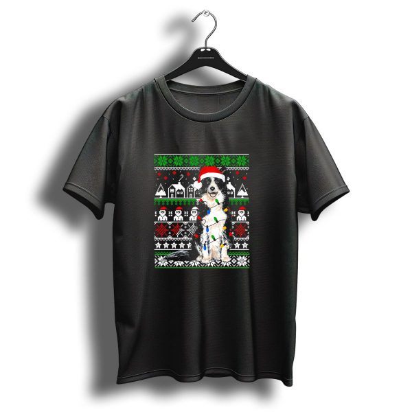 Border Collie Christmas Lights Santa Hat Festive T Shirt 1 t shirt 1