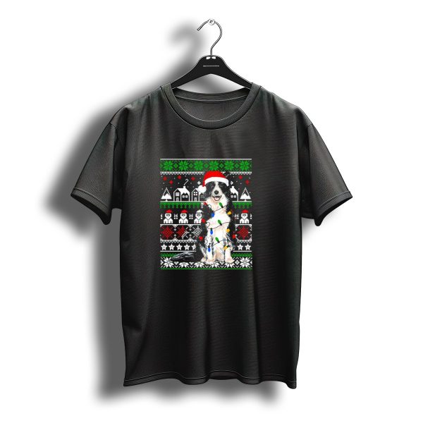 Border Collie Christmas Lights Santa Hat Festive T Shirt t shirt 1