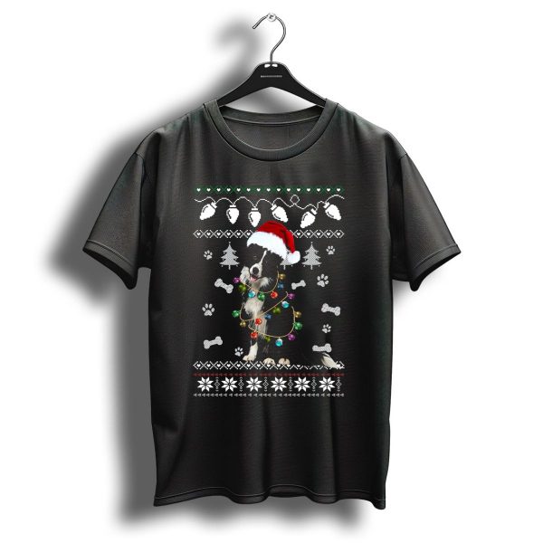 Border Collie Christmas Lights Santa Hat Paw Prints Festive T Shirt 1 t shirt 1