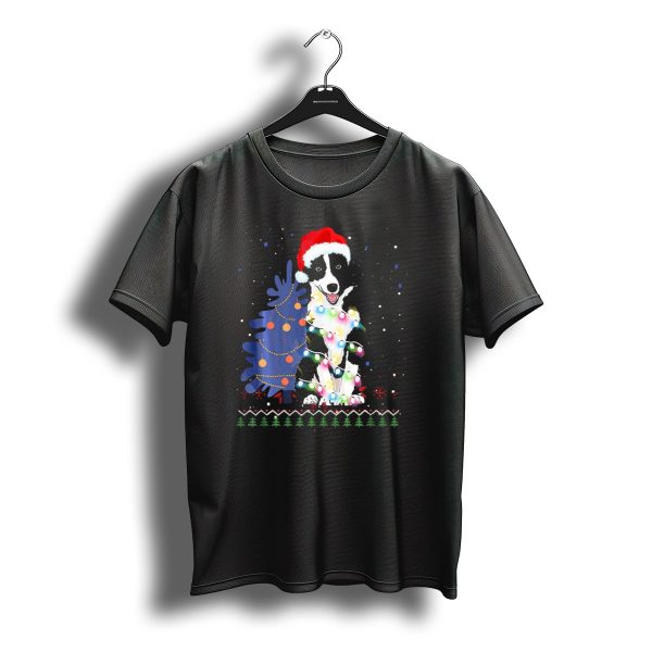 Border Collie Christmas Tree Lights Santa Hat Holiday T Shirt t shirt 1