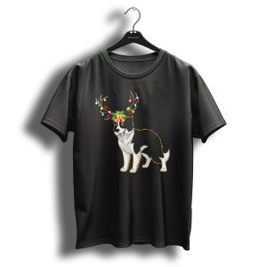 Border Collie Dog With Festive Reindeer Antlers And Christmas Lights T-Shirt