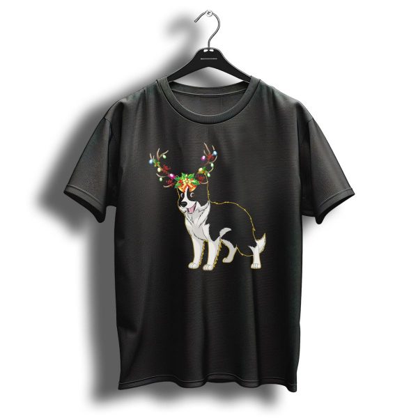 Border Collie Dog With Festive Reindeer Antlers And Christmas Lights T Shirt 1 t shirt 1