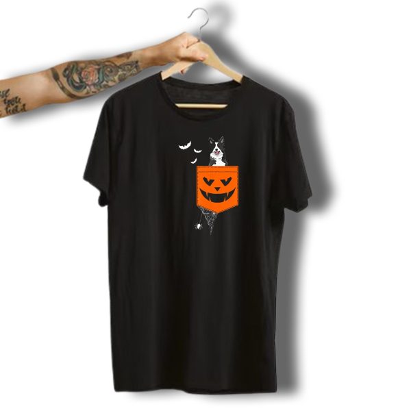 Border Collie Halloween Pumpkin Pocket With Bats And Spider Web T Shirt t shirt 1
