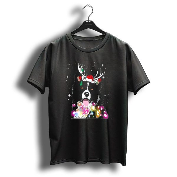 Border Collie In Santa Hat With Reindeer Antlers And Christmas Lights T Shirt 1 t shirt 1