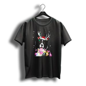 Border Collie In Santa Hat With Reindeer Antlers And Christmas Lights T-Shirt