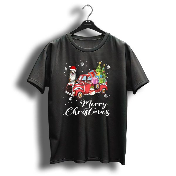 Border Collie On Red Truck With Gifts Snowflakes And Merry Christmas Text T Shirt 1 t shirt 1