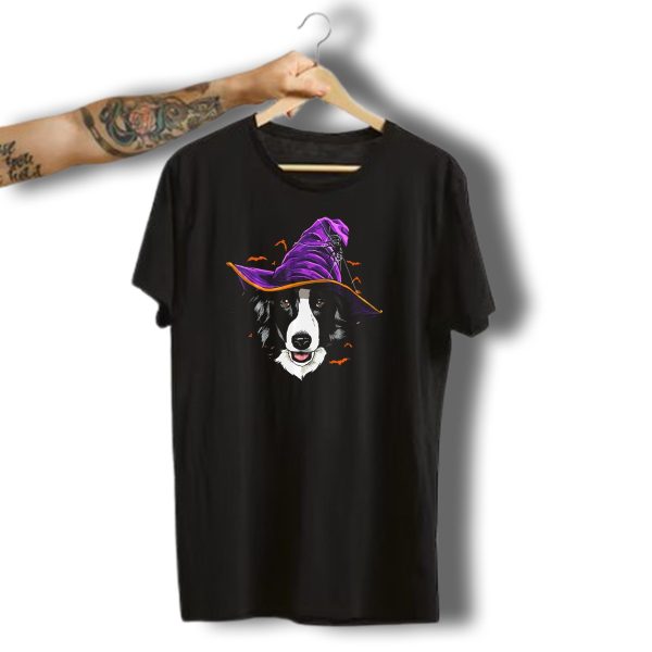 Border Collie Purple Witch Hat Halloween Bats T Shirt 1 t shirt 1