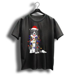 Border Collie With Santa Hat Wrapped In Colorful Christmas Lights T Shirt