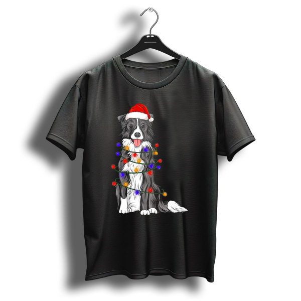 Border Collie With Santa Hat Wrapped In Colorful Christmas Lights T Shirt 1 t shirt 1