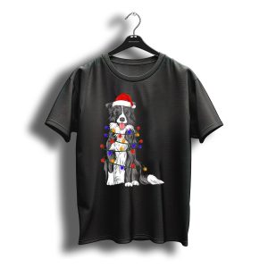 Border Collie With Santa Hat Wrapped In Colorful Christmas Lights T-Shirt