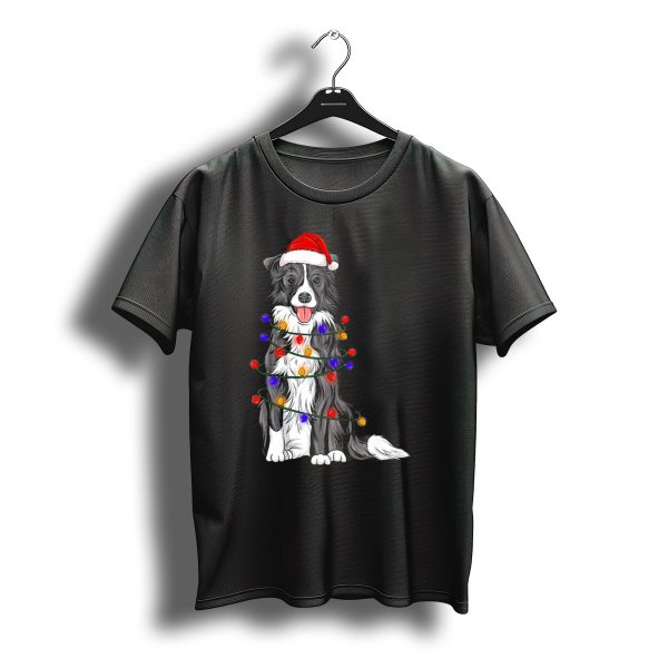 Border Collie With Santa Hat Wrapped In Colorful Christmas Lights T Shirt t shirt 1