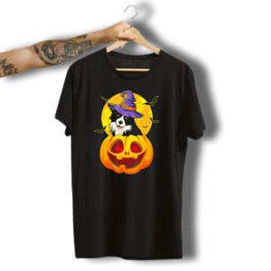 Border Collie With Witch Hat Inside Jack O Lantern Halloween Moon And Bats T-Shirt