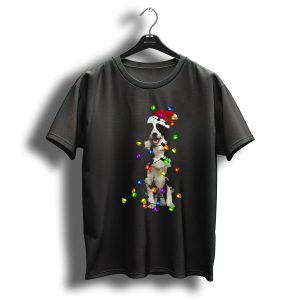 Border Collie Wrapped In Christmas Lights With Santa Hat T Shirt