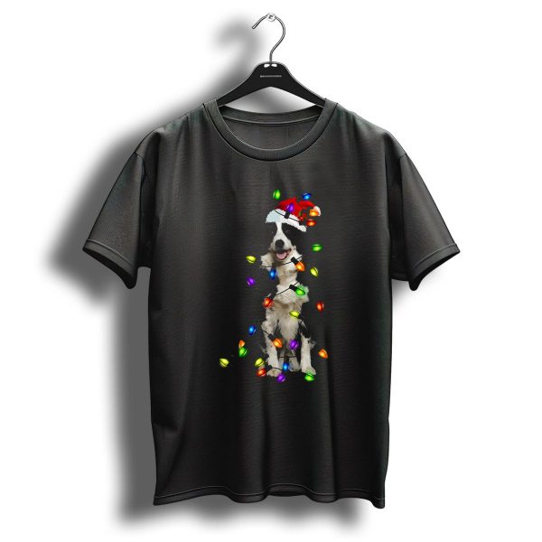 Border Collie Wrapped In Christmas Lights With Santa Hat T Shirt 1 t shirt 1