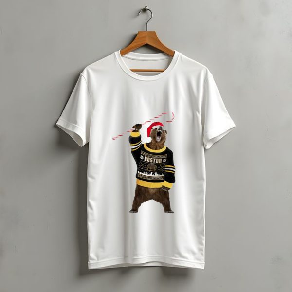 Boston Bear Christmas Holiday Sweater Santa Hat Candy Cane T Shirt t shirt 1 1