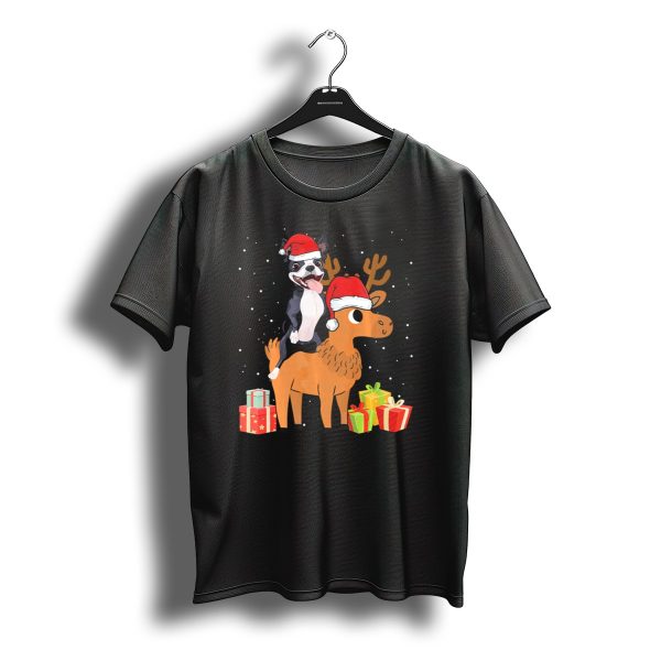 Boston Terrier And Deer Christmas Santa Hats And Gifts T Shirt t shirt 1