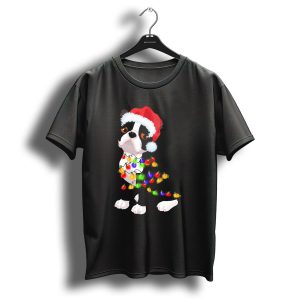 Boston Terrier Christmas Lights Santa Hat T Shirt