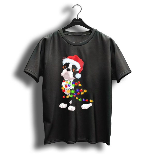 Boston Terrier Christmas Lights Santa Hat T Shirt 1 t shirt 1