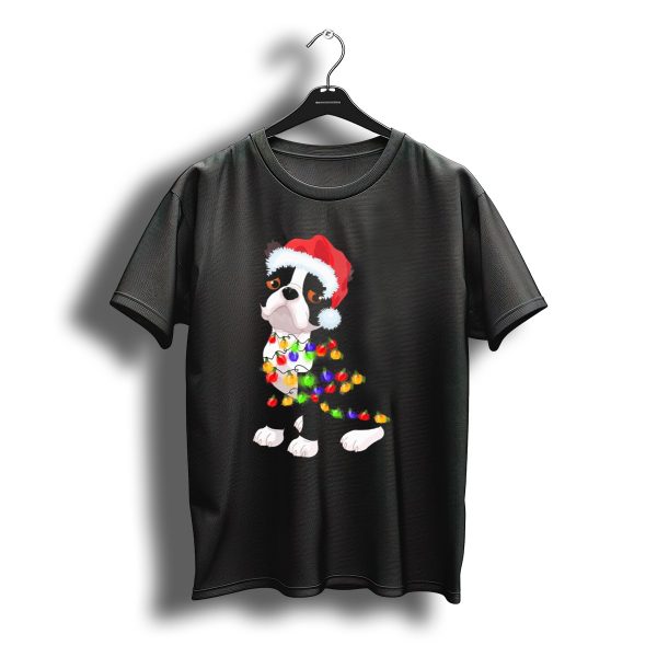 Boston Terrier Christmas Lights Santa Hat T Shirt t shirt 1