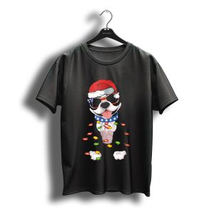 Boston Terrier Christmas Lights With Santa Hat And Sunglasses T-Shirt