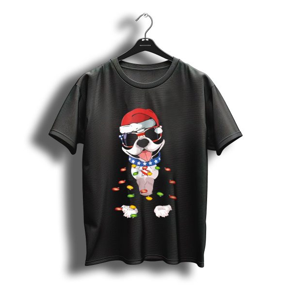 Boston Terrier Christmas Lights With Santa Hat And Sunglasses T Shirt t shirt 1