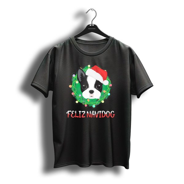 Boston Terrier Feliz Navidog Santa Hat Christmas Wreath T Shirt t shirt 1