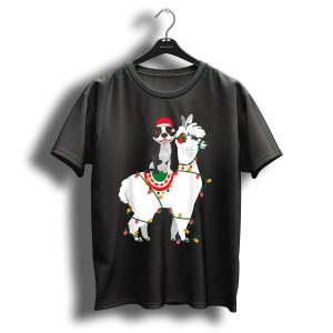 Boston Terrier In Santa Hat On Llama Wrapped In Christmas Lights T Shirt