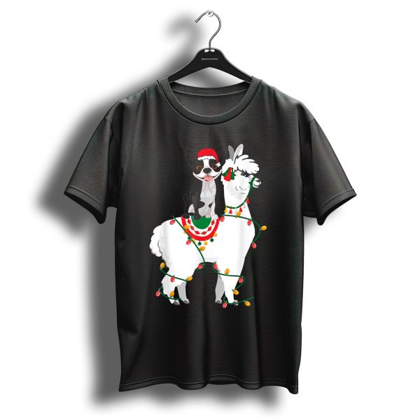 Boston Terrier In Santa Hat On Llama Wrapped In Christmas Lights T Shirt 1 t shirt 1